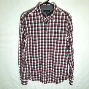 Banana Republic L Flannel Shirt Mens Slim Fit Red Gray Plaid Long Sleeve Cotton